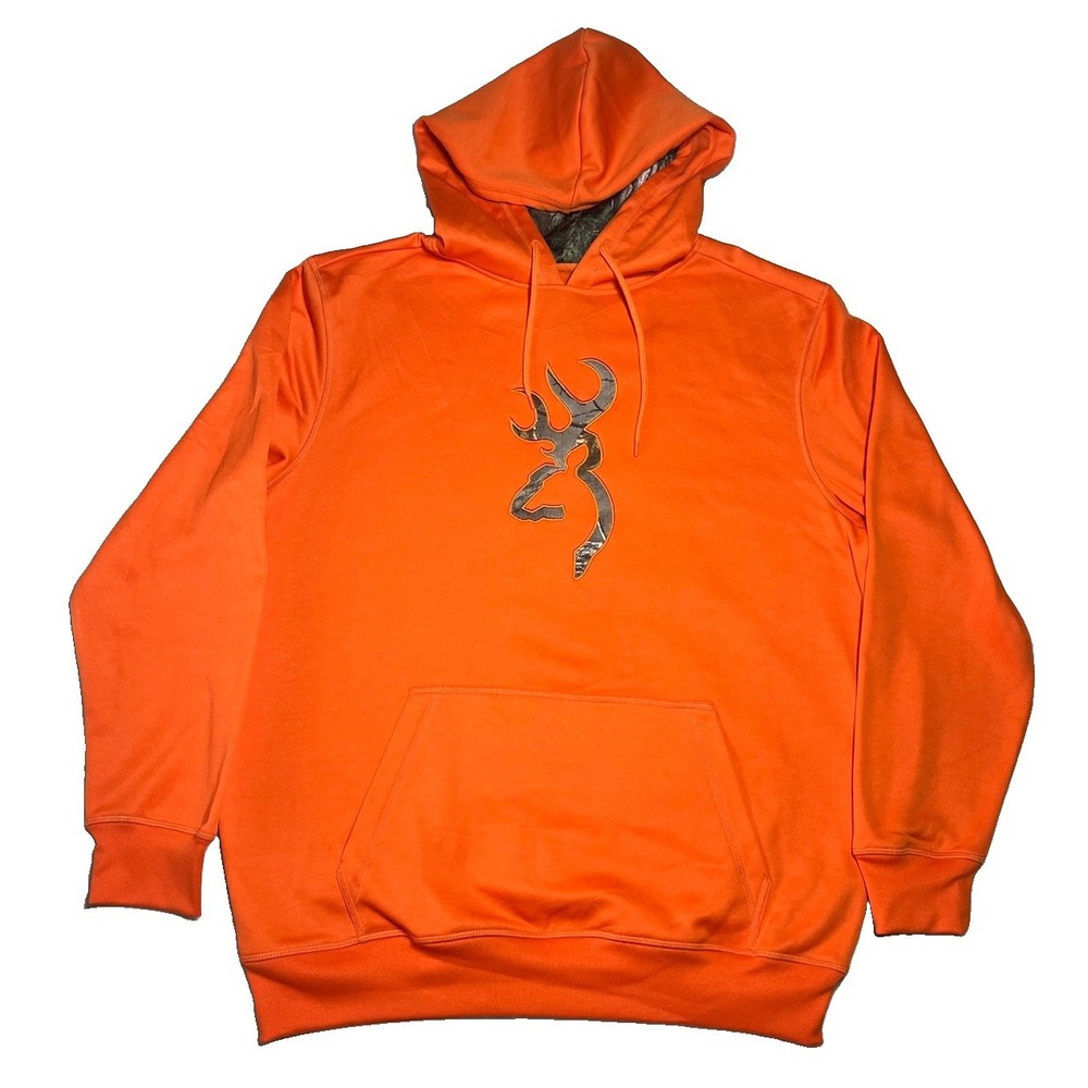 Browning Men's L Orange Hoodie Logo Hunting Deer Kangaroo Pockets Elk Moose EUC